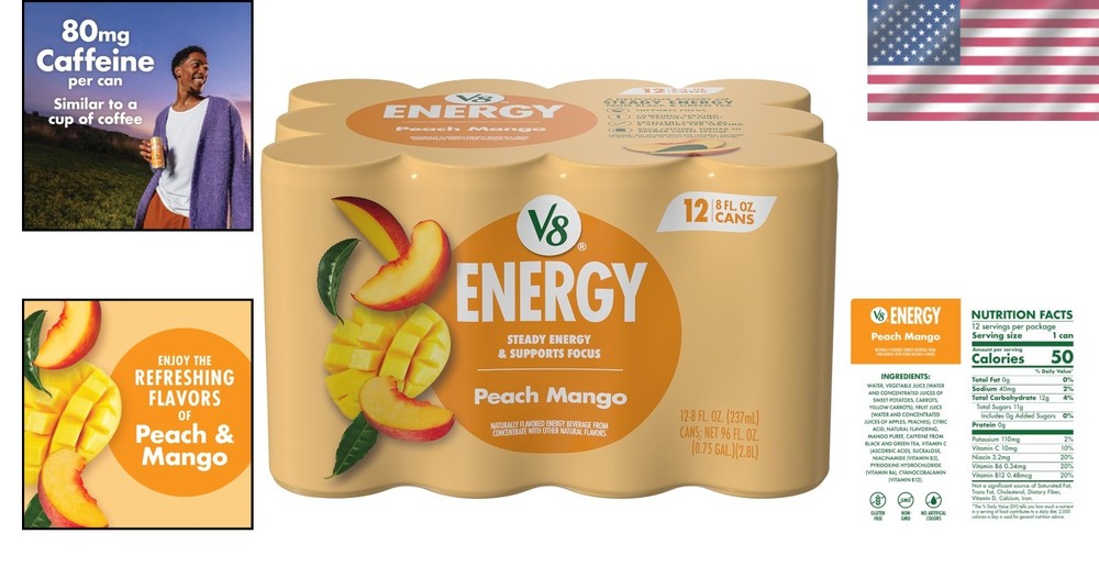 Refreshing Peach Mango Energy 12-Pack - 80mg Caffeine, Low-Calorie & Nutritious