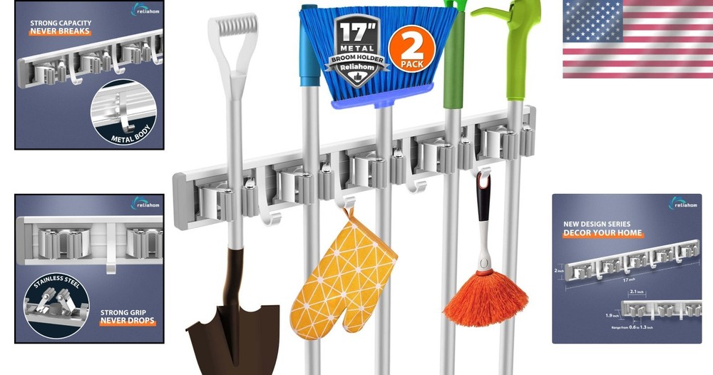 Space-Saving Tool Organizer with 5 Racks & 4 Hooks - Wall Mount Silver Finish