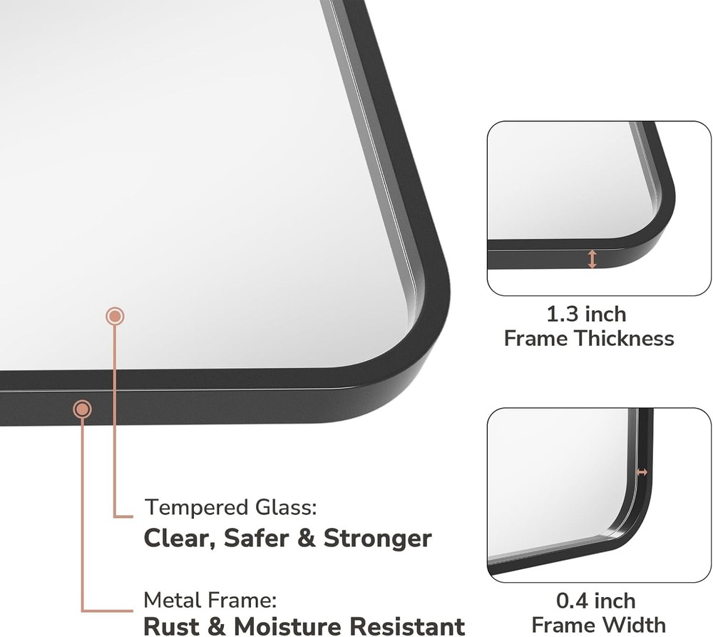 USHOWER 2-Pack Black Bathroom Mirrors 24x36" Metal Frame Rectangle Wall Mirror