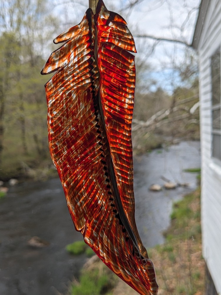 Art Glass Feather Suncatcher Window Decor Autumn Fall Rust Red