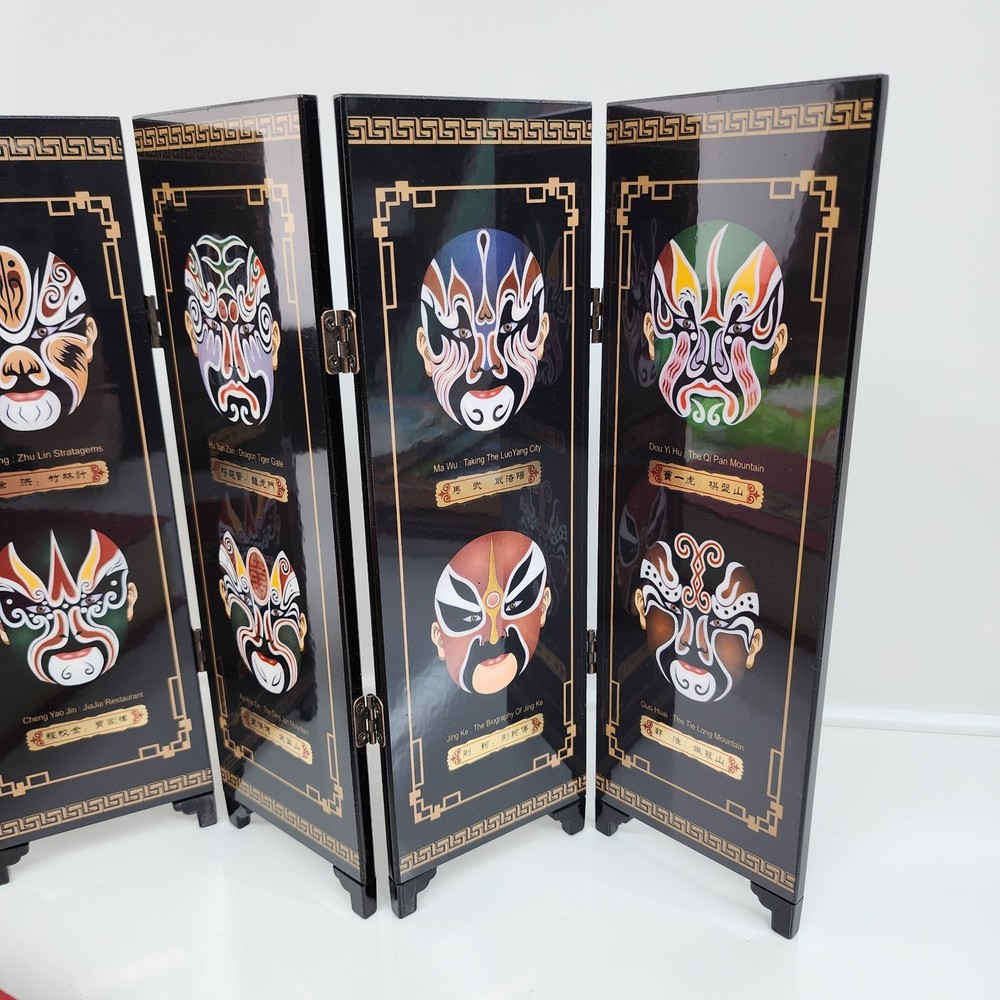 Chinese Folding Screen Peking Opera Makeup Mini Panel Black Lacquer 9x18 w Box