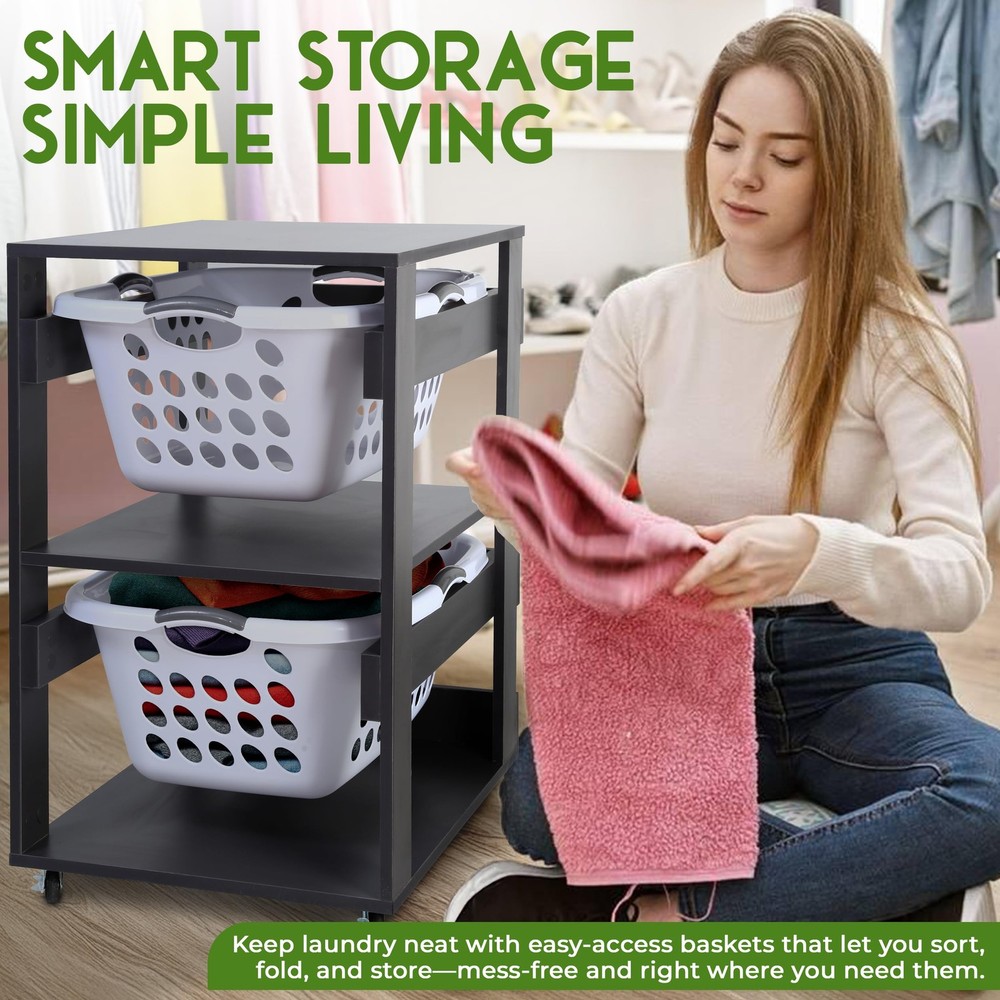 Laundry Basket Holder Shelf (2-Tier) - Stackable Engineered Wood Laundry Towe...