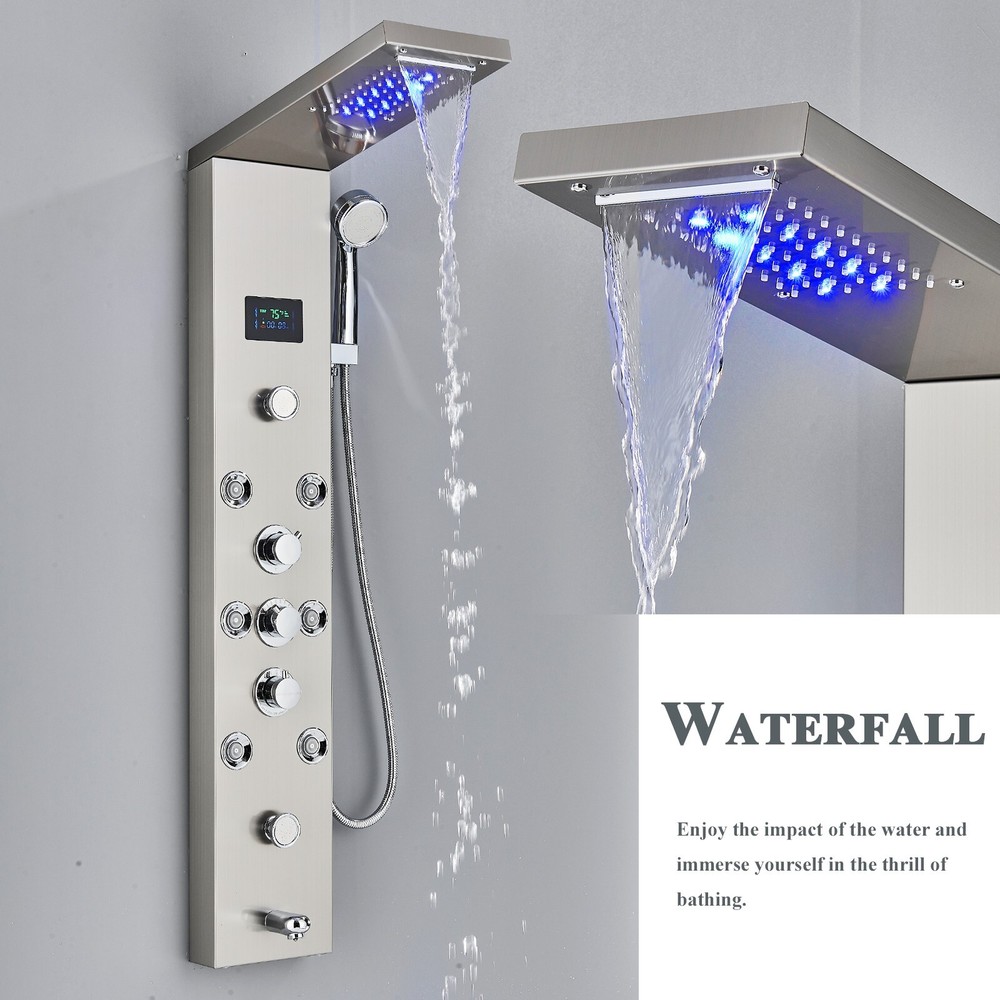 Rain Shower Panel Tower System Stainless Steel 6-Function Faucet LED Shower Head