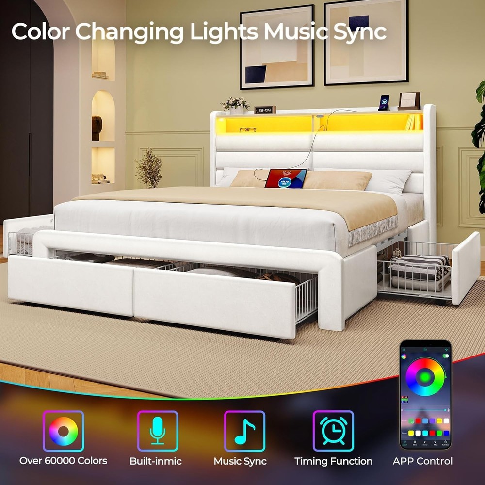 Queen Size Bed Frame with 4 Storage Drawers & LED Lights