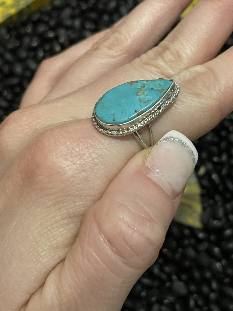 Southwest Sterling Silver Kenny Ray Signed Turquoise Ring~Teardrop Size 8