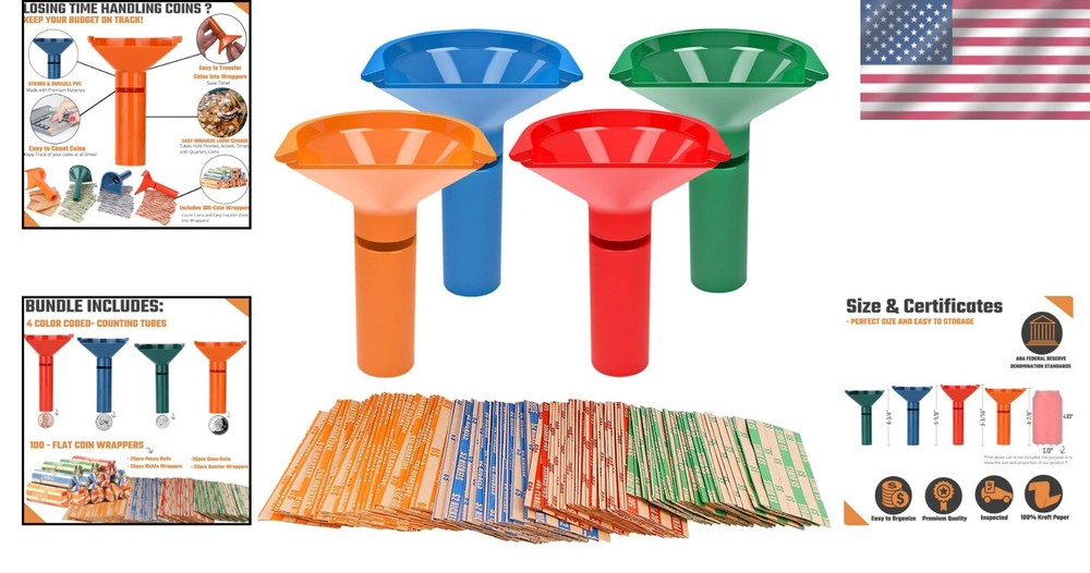 Complete Coin Counting Set: 4 Color Tubes & 100 Wrappers for Smooth Sorting