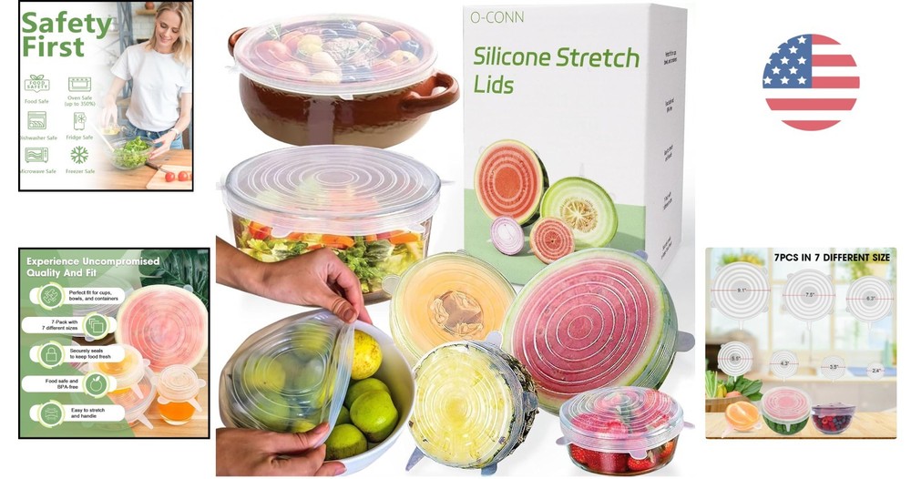 7-Piece Reusable Silicone Stretch Lids Set – Eco-Friendly Food Storage Solution