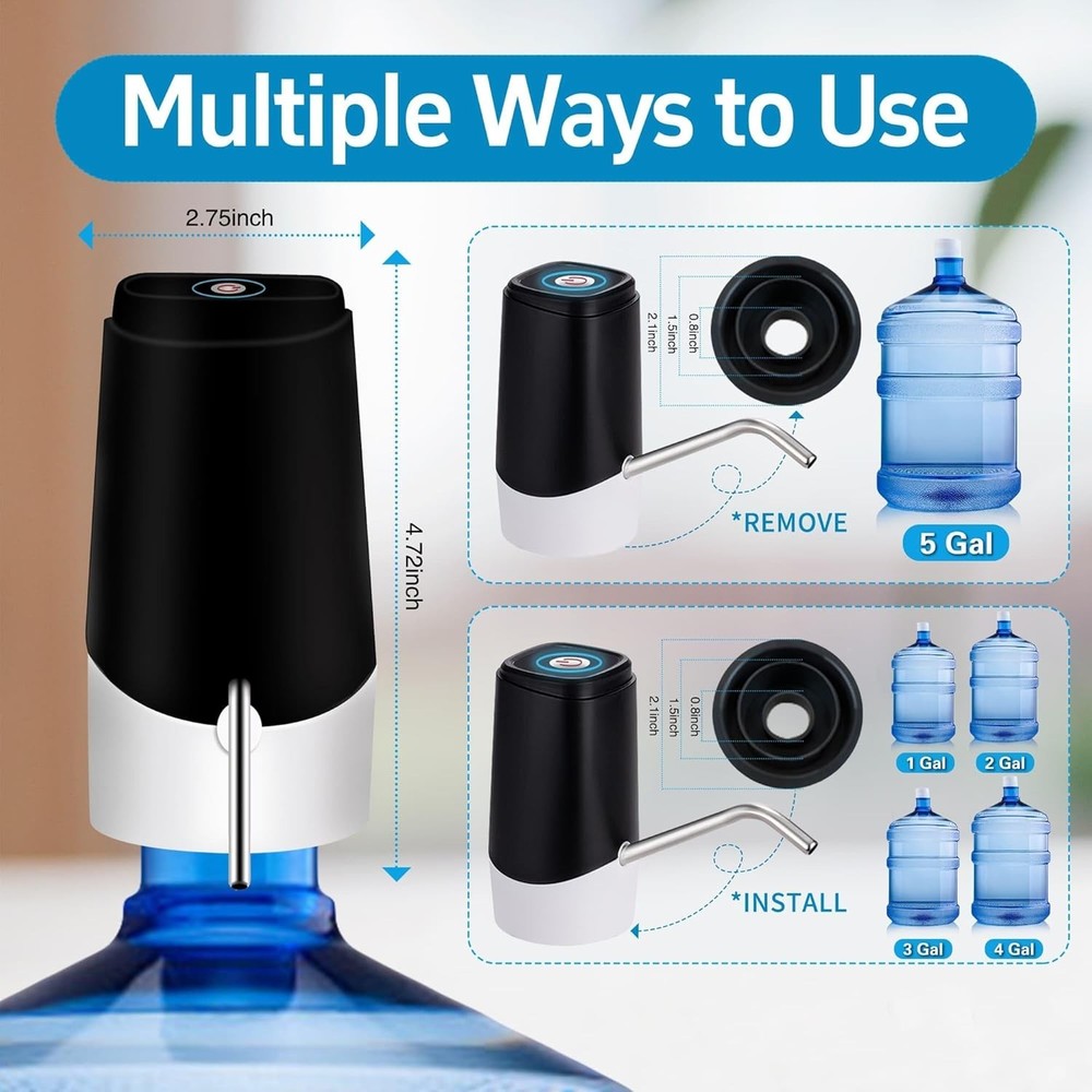 Electric 5 Gallon Water Jug Pump with Easy One-Button Operation & USB Charging