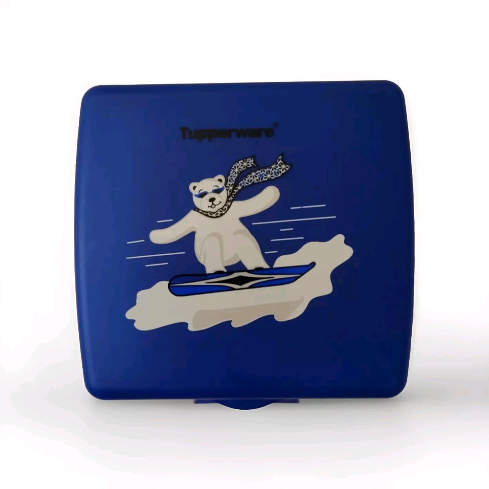 Blue Plastic Tupperware Polar Bear Snowboard Sandwich Keeper Lunchbox Container