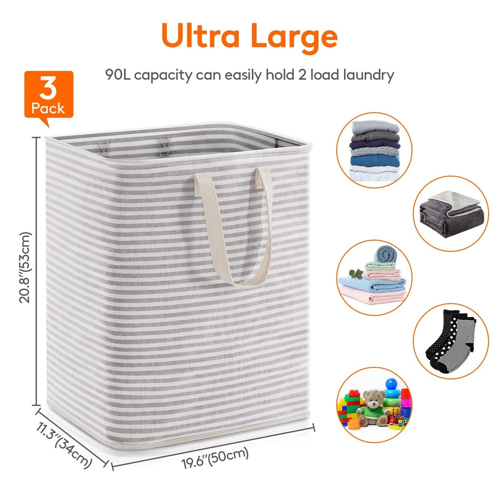 3 Pack Collapsible Laundry Hamper with Handles, Freestanding and Waterproof
