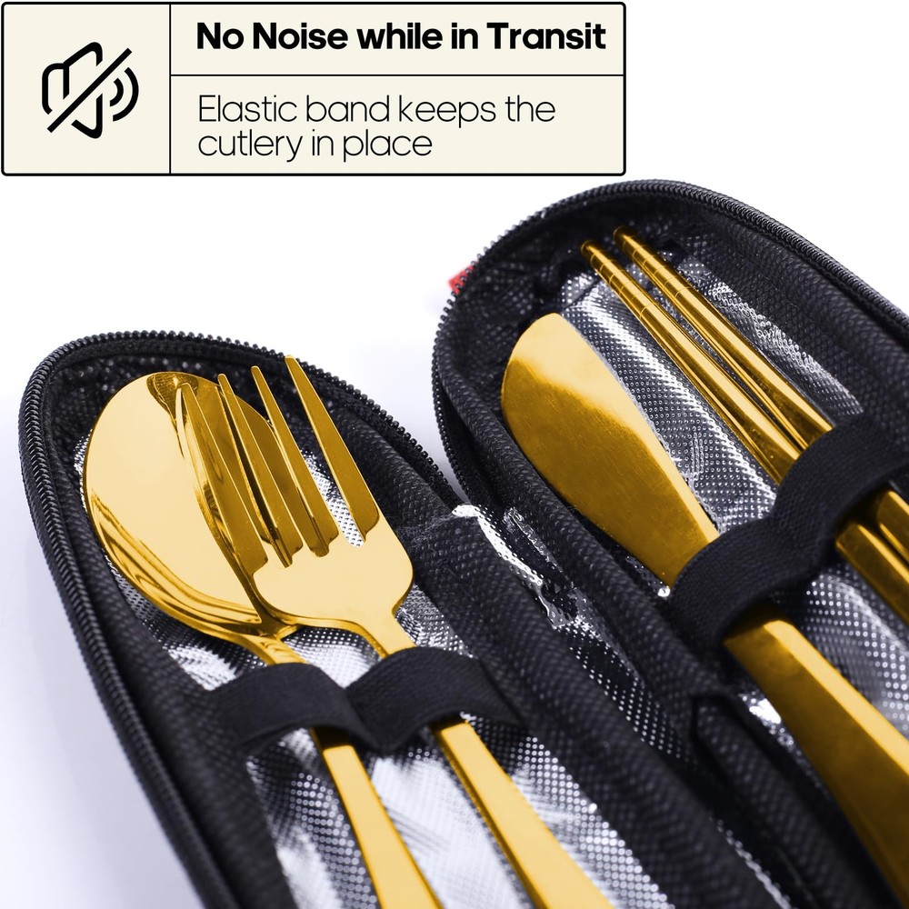 Reusable Travel Utensils, Camping Silverware Set, Lunch Box Accessory, Gold