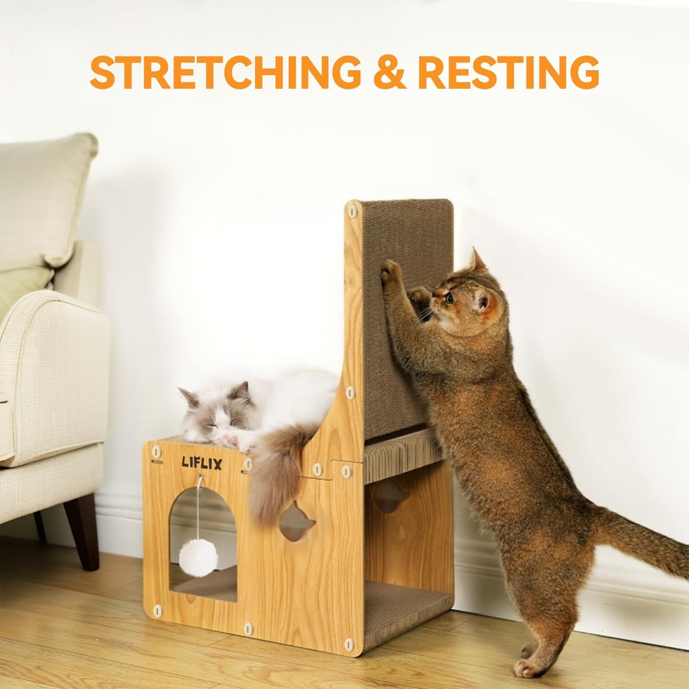 L-Shaped Double-Layer Cat Scratching Board Cardboard Post with Toys Hideaway