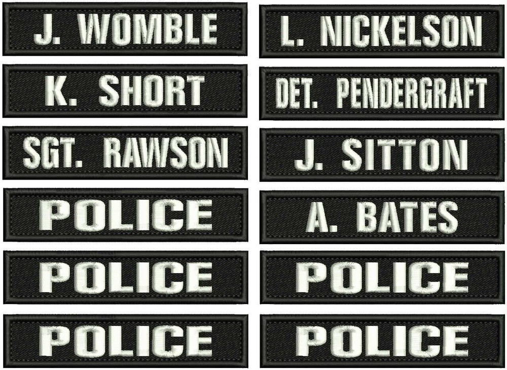 12 Customs Names  EMBROIDERY PATCH 5X1 HOOK ON BACK white on BLACK