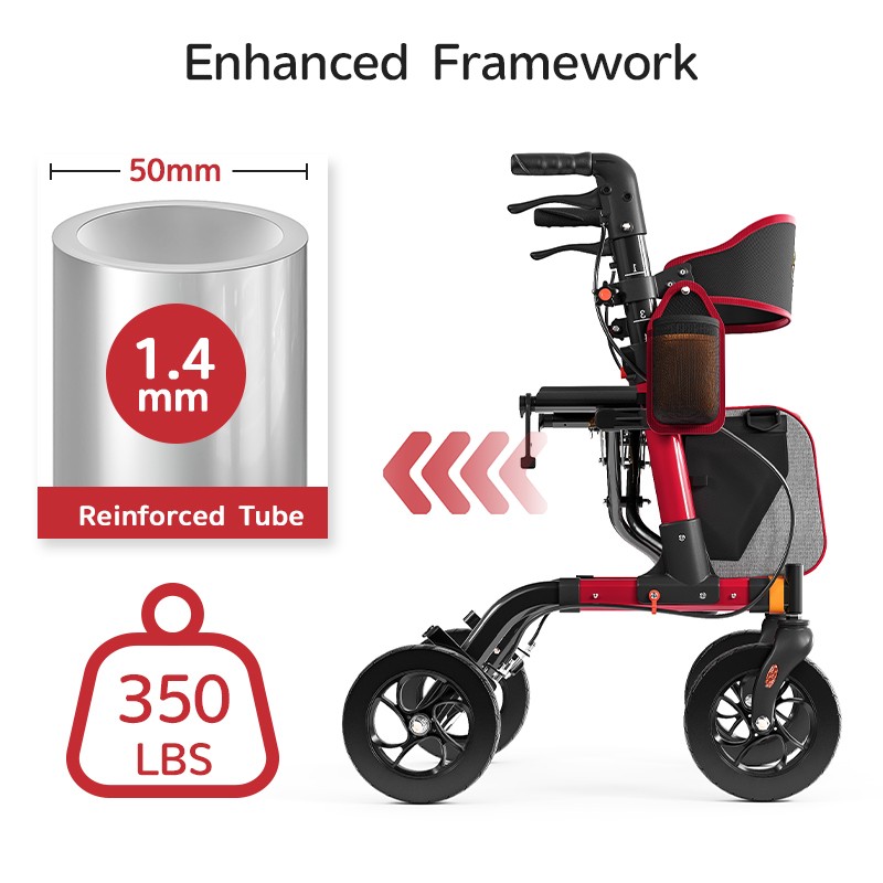 Foldable Rollator Walker 350 lb Capacity w/ 18" Seat & 8" Wheel Rolling Walker