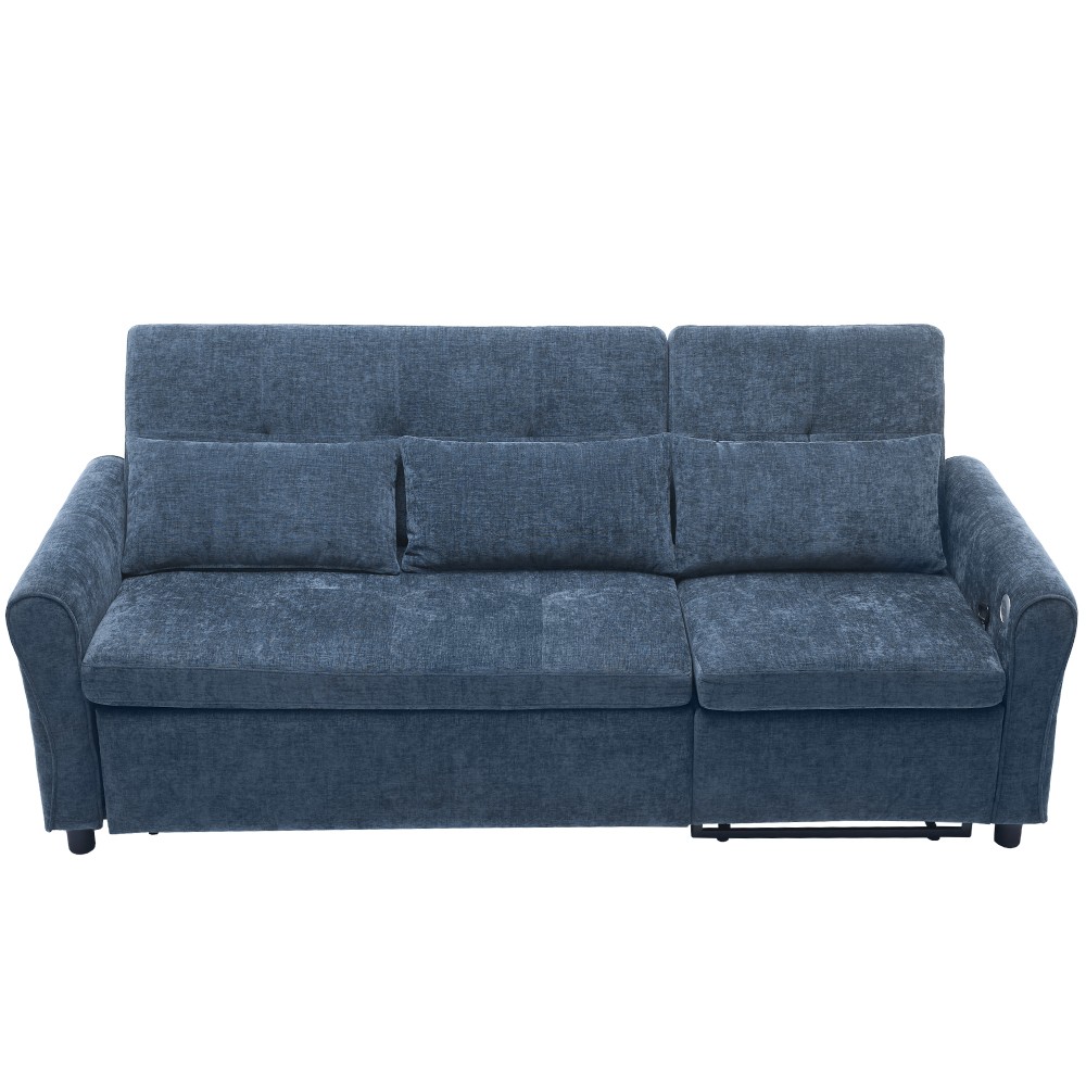 82" Blue Chenille Sofa Bed w/ Reversible Recliner, Adjustable Backrest, USB