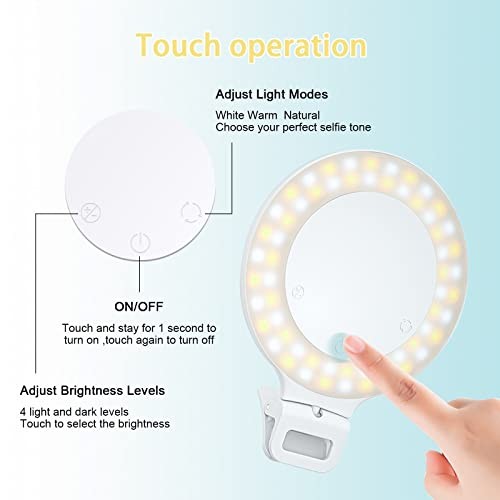 Selfie Ring Light, Clip on Ring Light Touch Control, Rechargeable 800mAh 60LED