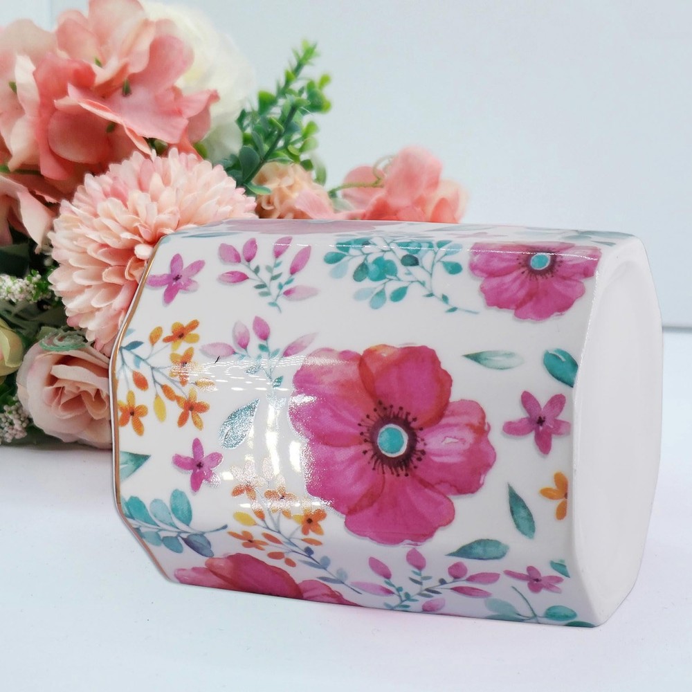 Pen Holder, Makeup Brush Holder Ceramic Shiny Gold Spring Floral Pattern Penc...