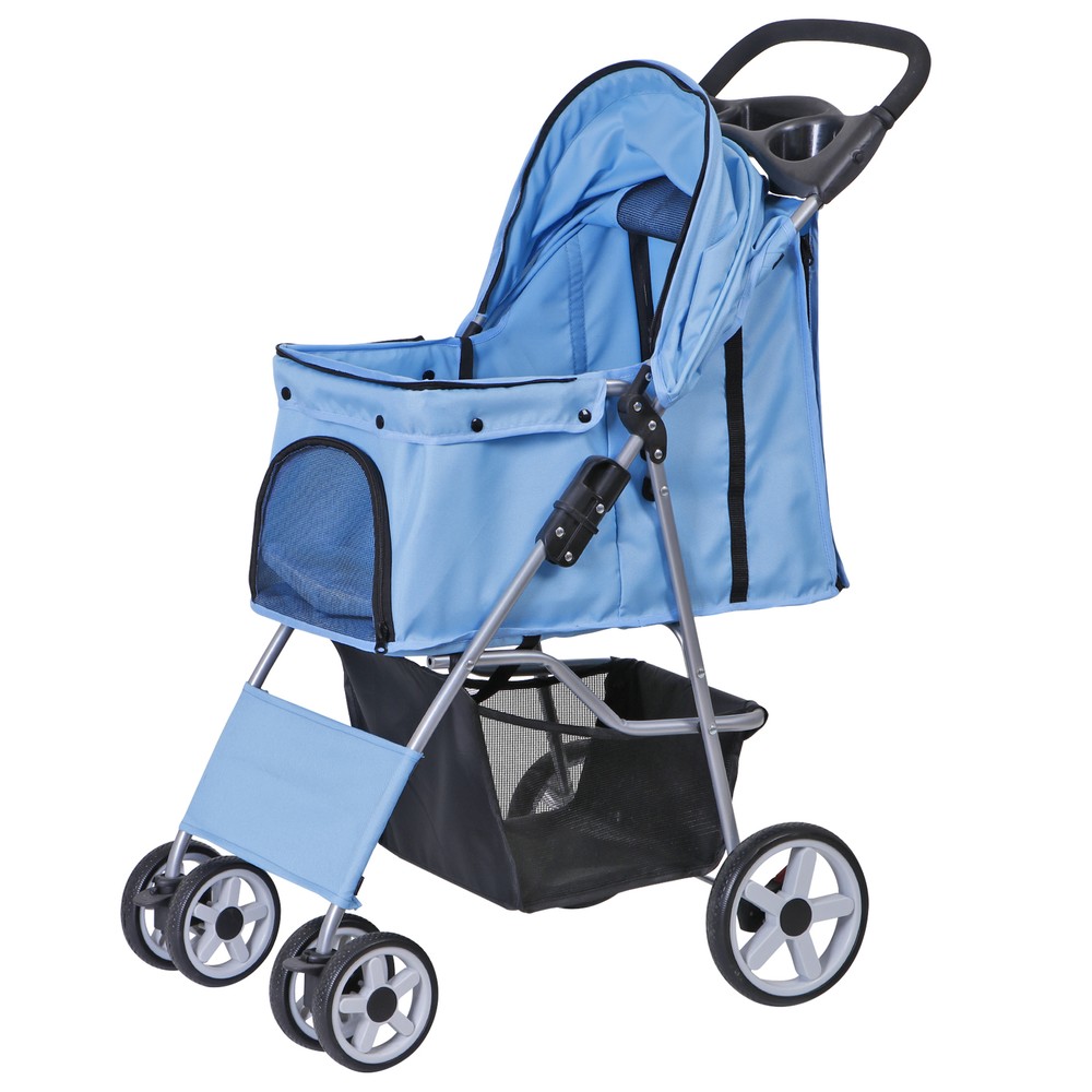 4 Wheel Pet Stroller Foldable Dog Stroller Cat Stroller with Storage Basket Blue