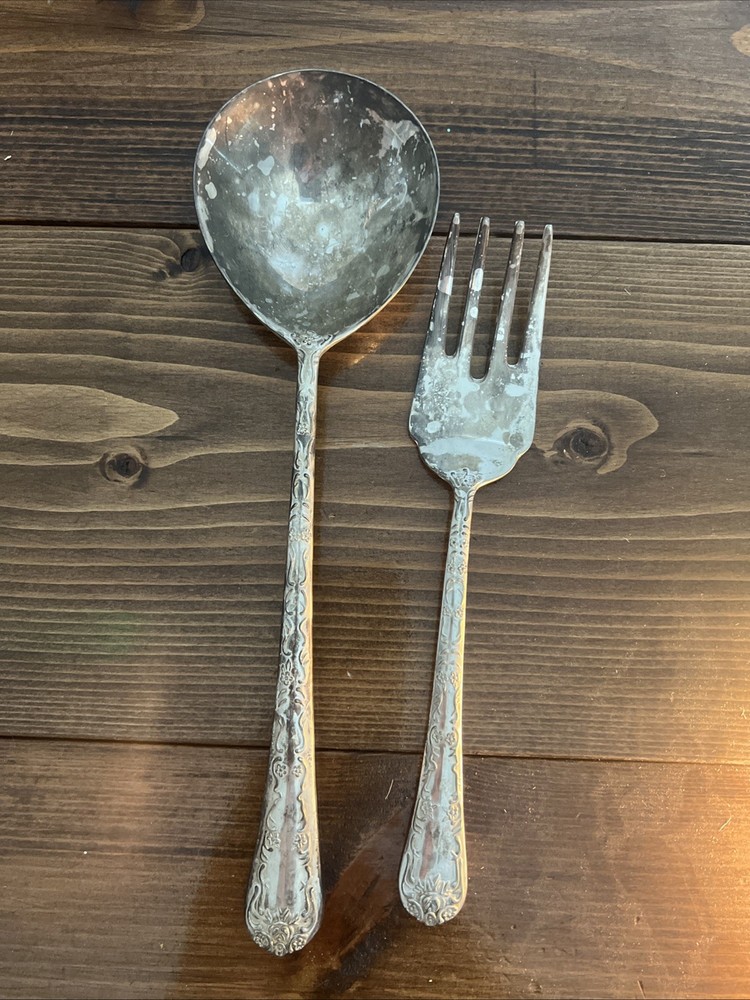 WM Rogers & Sons Silver Tone Enchanted Rose Replacement Serving Spoon & Fork