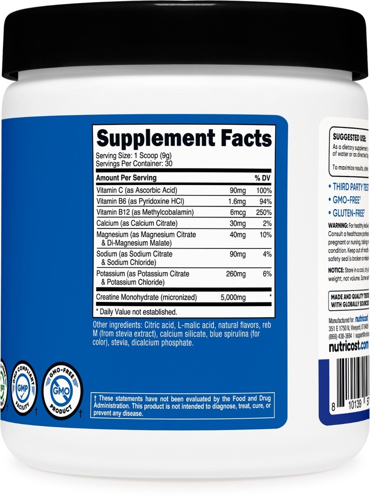 Nutricost Creatine Monohydrate + Hydration Blue Raspberry Flavored, 30 Servings