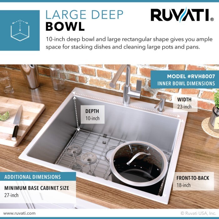 Ruvati 25" Drop-in Topmount Rounded Corners Kitchen Sink- RVH8007