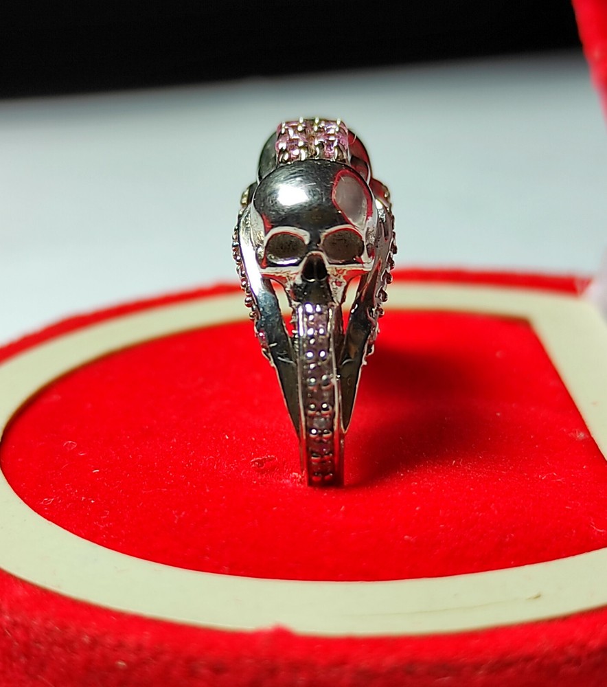 Solid Double Skull Face With Light Pink Sapphire In Real 925 Solid Silver Ring