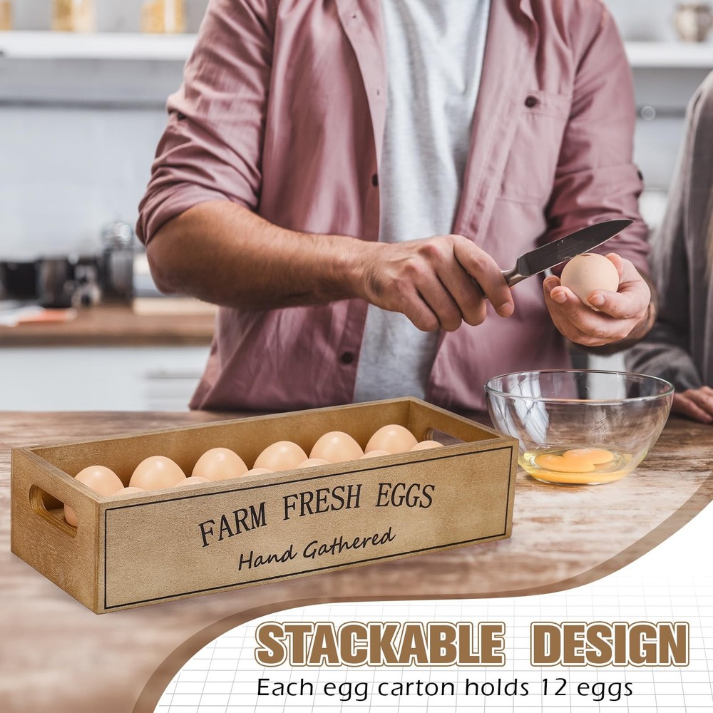 2 Pieces Farm Wooden Egg Crate for 24 Fresh Eggs Stackable Storage Box