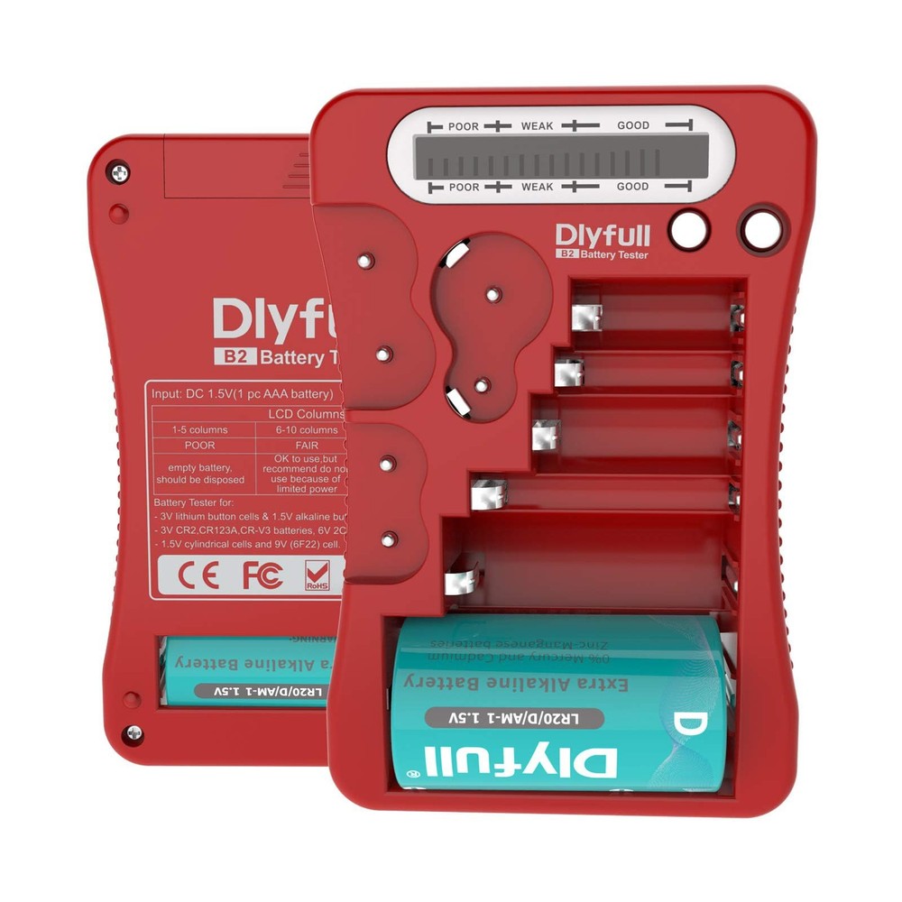 Dlyfull Battery Tester, LCD Display Universal Checker Compact, Red