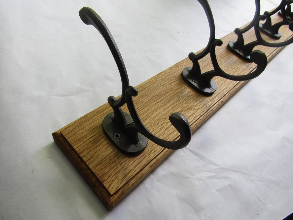 Rustic Oak coat hook rack rail Solid Wooden Wall Mounted cast iron Hat and Coat