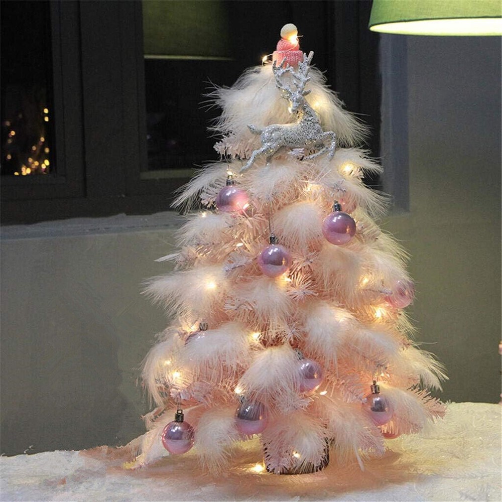 Mini Christmas Tree Tabletop Artificial Tree with Feather Leaf LED String Lights