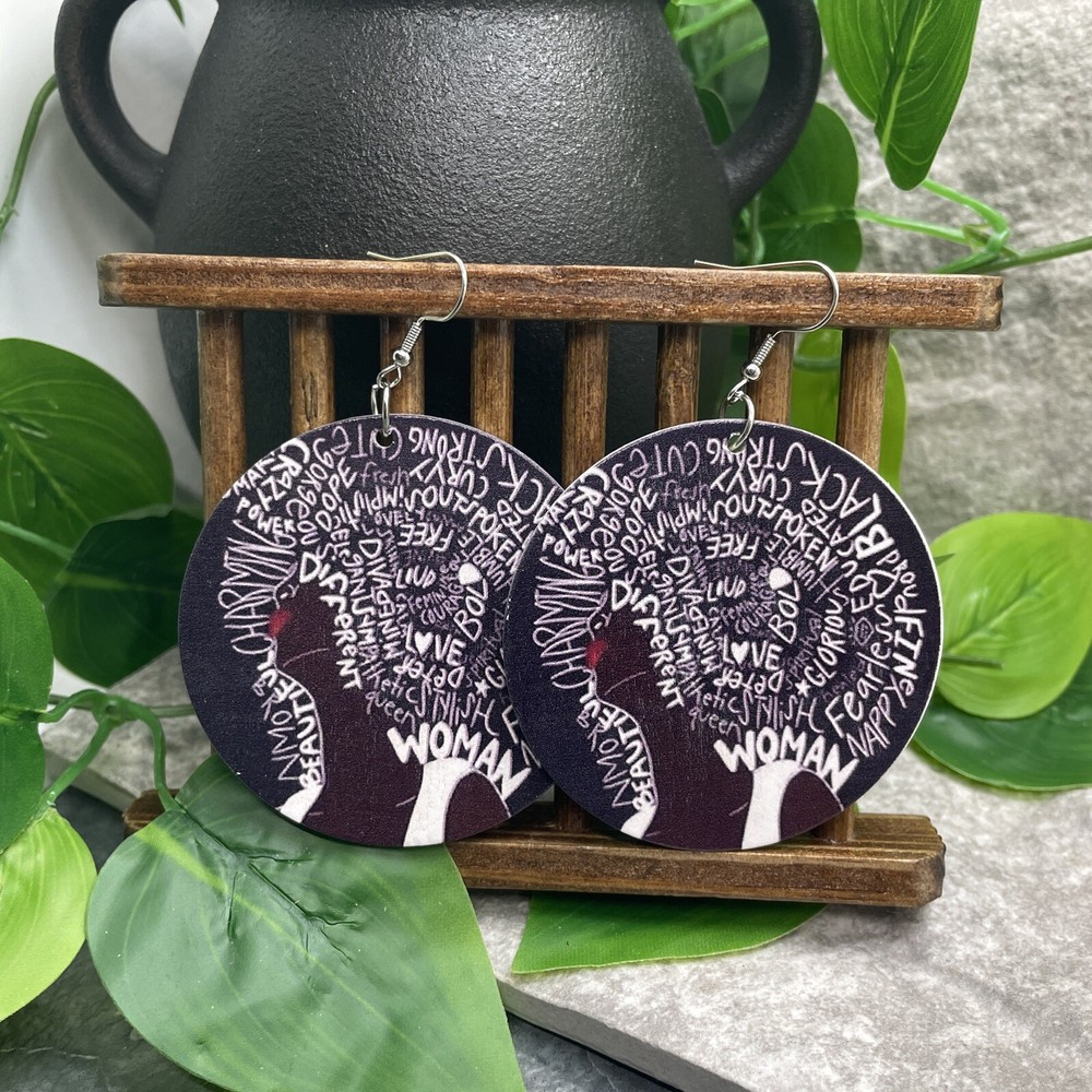 2” Silver-tone Earring Set Boho Retro Wood Dangle Juneteenth African A1412