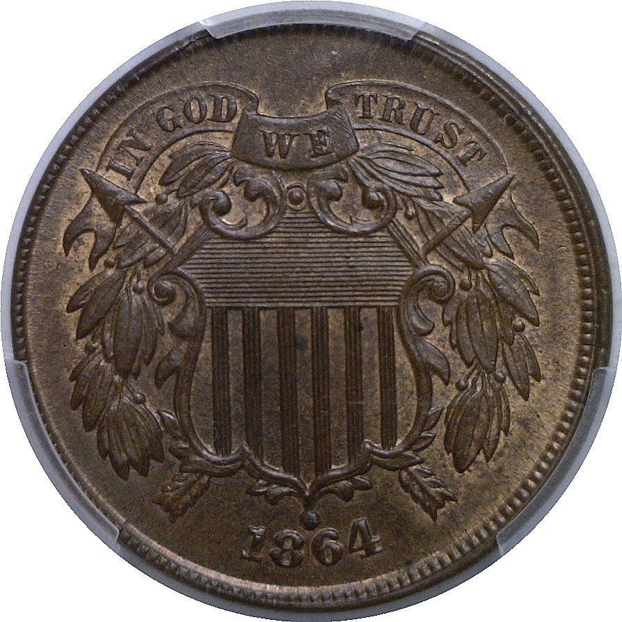 1864 Large Motto Two Cent Piece PCGS MS-63 BN