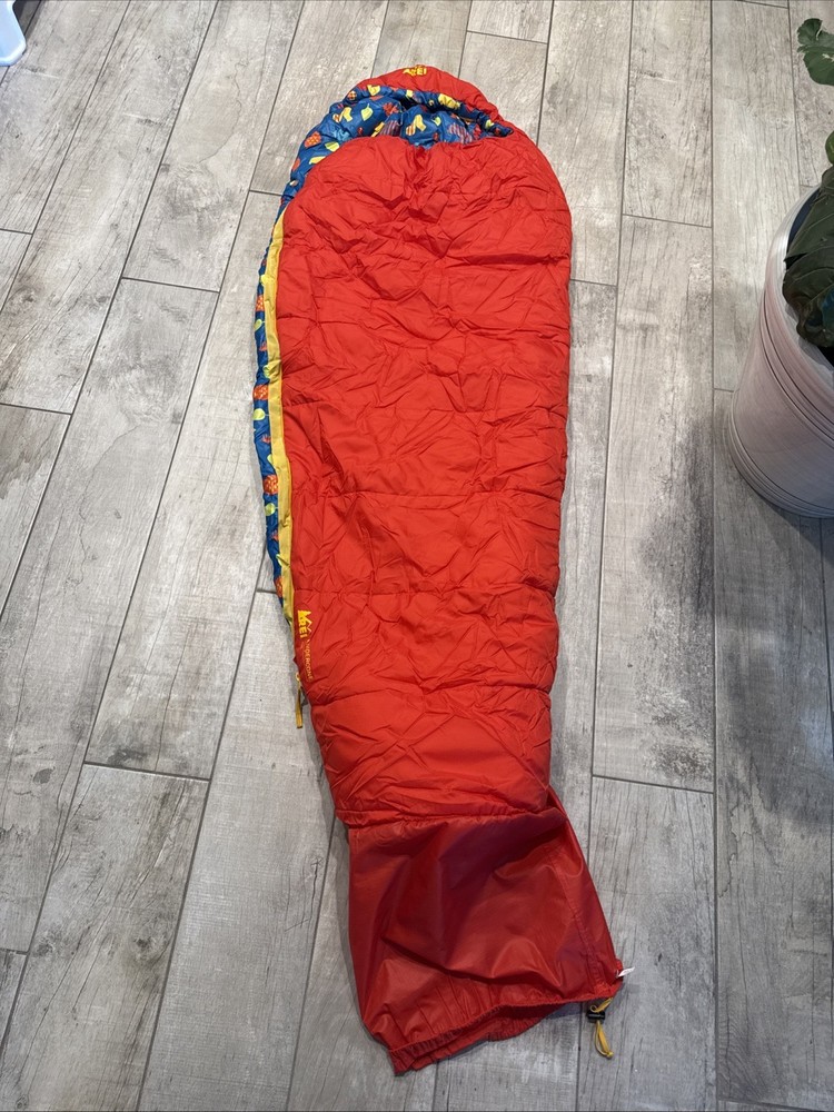 REI Kindercone Kids Sleeping Bag Red Outside Fall Print Inside Zipper Broken