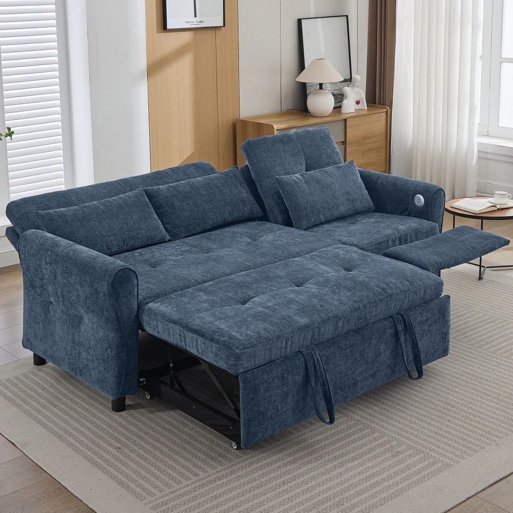 82" Blue Chenille Sofa Bed w/ Reversible Recliner, Adjustable Backrest, USB