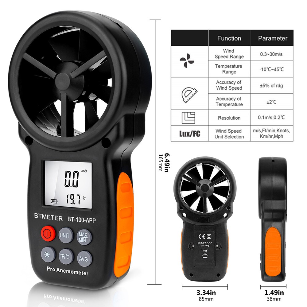 Bluetooth Anemometer Handheld Wireless Anemometer Wind Speed Meter 0.3~30m/s