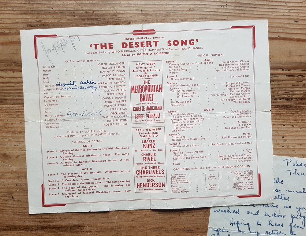 Warwick Ashton Hand Written Letter & Multi Signed 1947 Palace Theatre Programme
