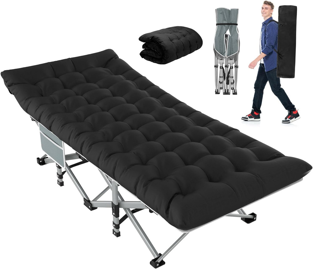 Folding Camping Cot with Mattress Black,Max Load 800lbs Cots for Sleeping