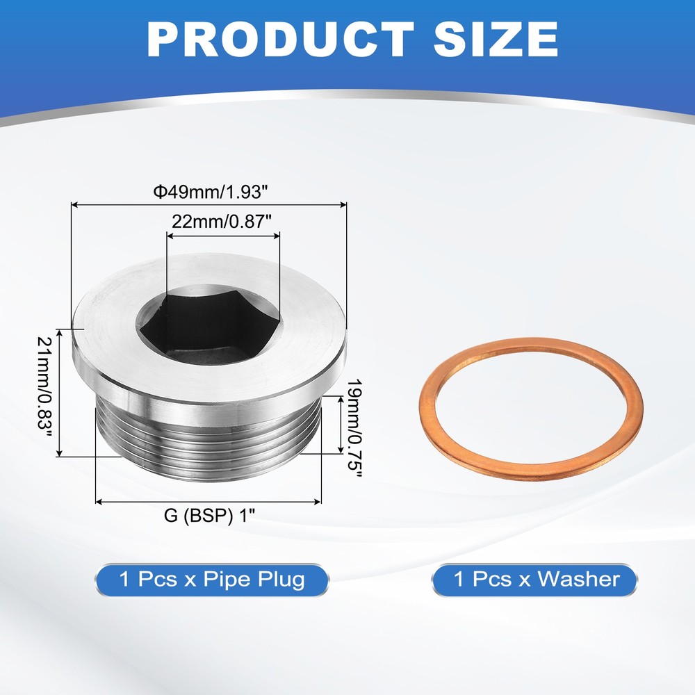 1-1/4" BSP Pipe Plug Fitting, Internal Hex Head Socket 304 Stainless Steel