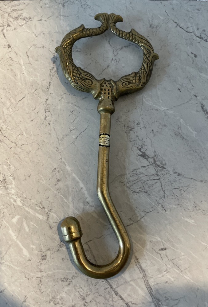 Vintage Large Solid Brass Fireplace Damper Pull Hook 9” Dolphins