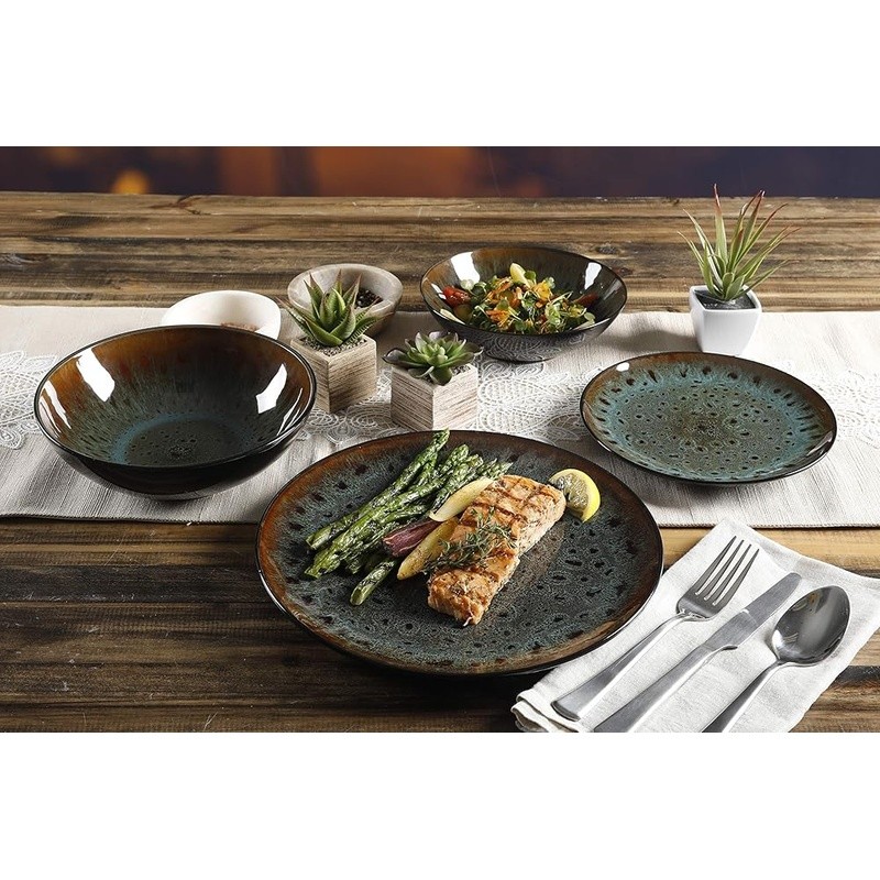 Reactive Glaze Stoneware Dinnerware Set Dishwasher Safe Unique Service for 4