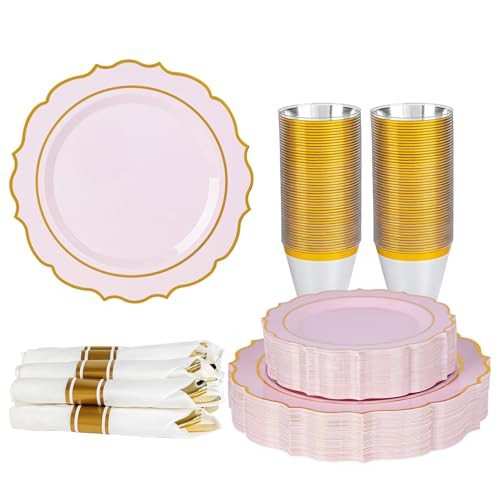 350PCS Plastic Plates, Gold Plastic Dinnerware Sets for 50 Guests, Include Pink