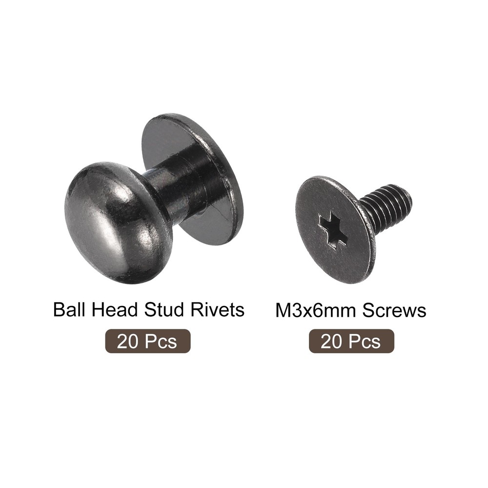 9mm Ball Head Stud Rivets Screw Back, 20Pack Round Head Button, Metallic Black