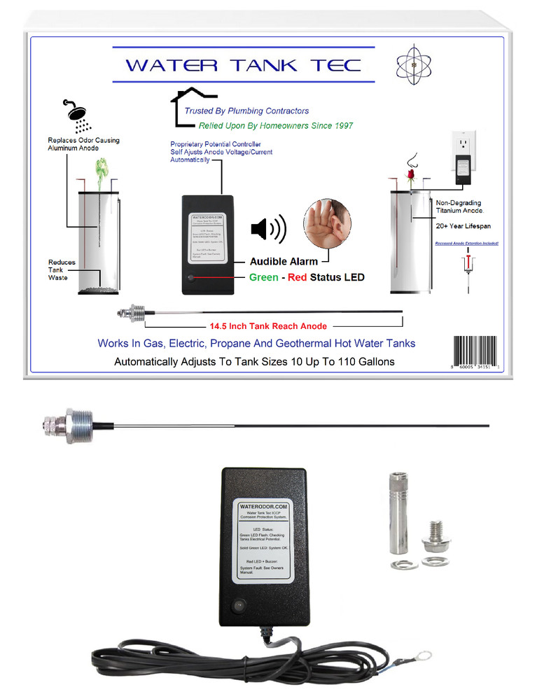 Powered Anode For Home Water Tanks. Replaces Odor Causing Aluminum Anode Rod.