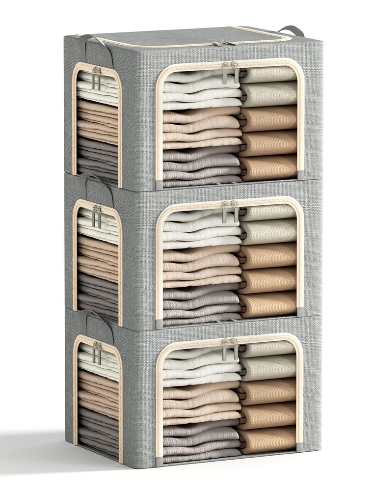 3 Openings Clothes Storage Bins with Metal Frame, Foldable Storage Bin for Cl...