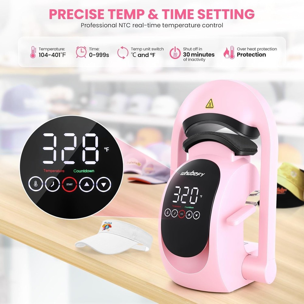 ✨3-in-1 Pink Auto Cap Heat Press Machine with 3pcs Replaceable Heating Pads✨