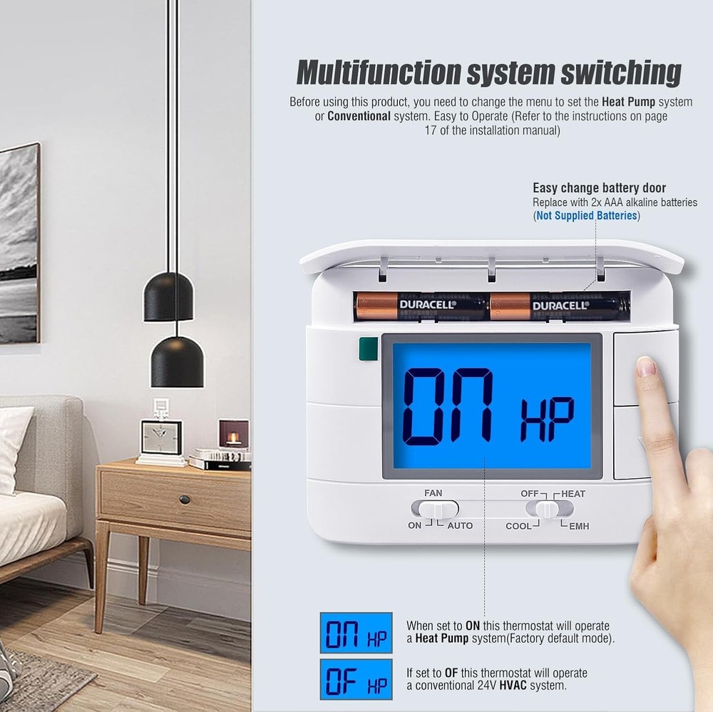 Thermostat Non Programmable Heat Pump for House Blue Backlight