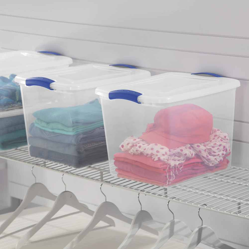 (2 Pack) 27 Quart Medium Latching Storage Bin, Clear Plastic Stoarge Conatiner