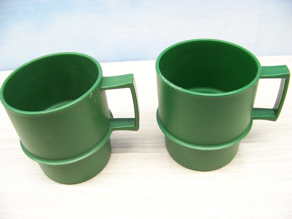 Tupperware Stackable Mugs - Green - Peace or Holiday White Dove Design - Two