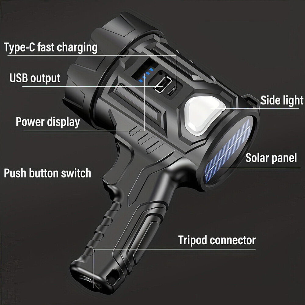 3000000LM Super Bright Solar Rechargeable LED Spotlight Flashlight Searchlight