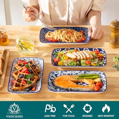 Selene Rectangular Dinner Plates Set of 6, Ceramic Salad Plates for 9.5 Inch